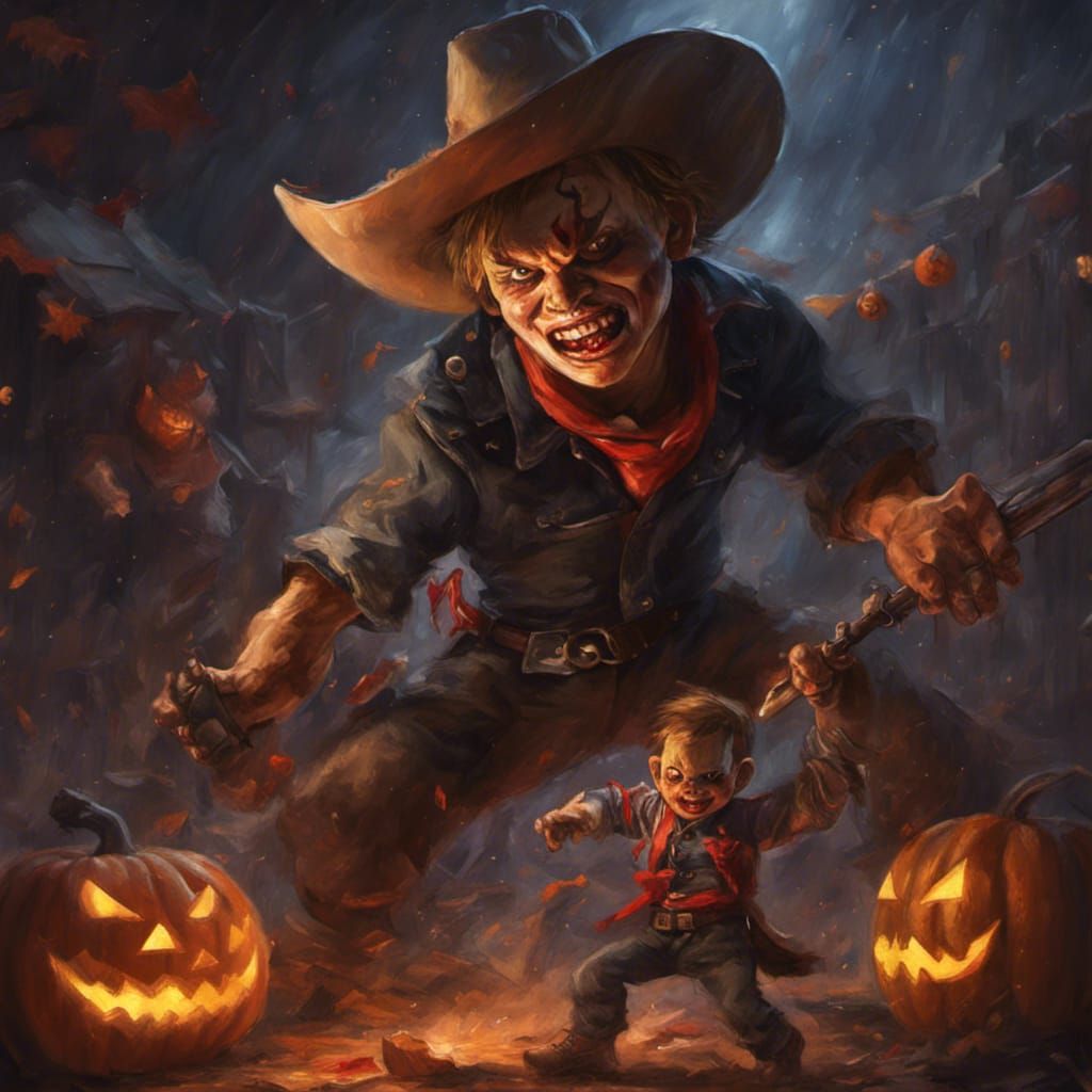 Cowboy Versus Chucky: Halloween Oil Painting