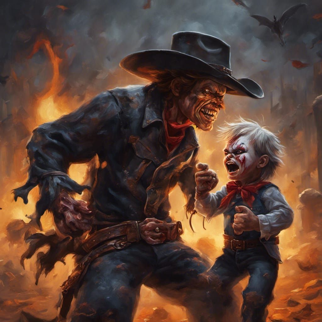 Cowboy Battles Chucky on Halloween: Oil Painting