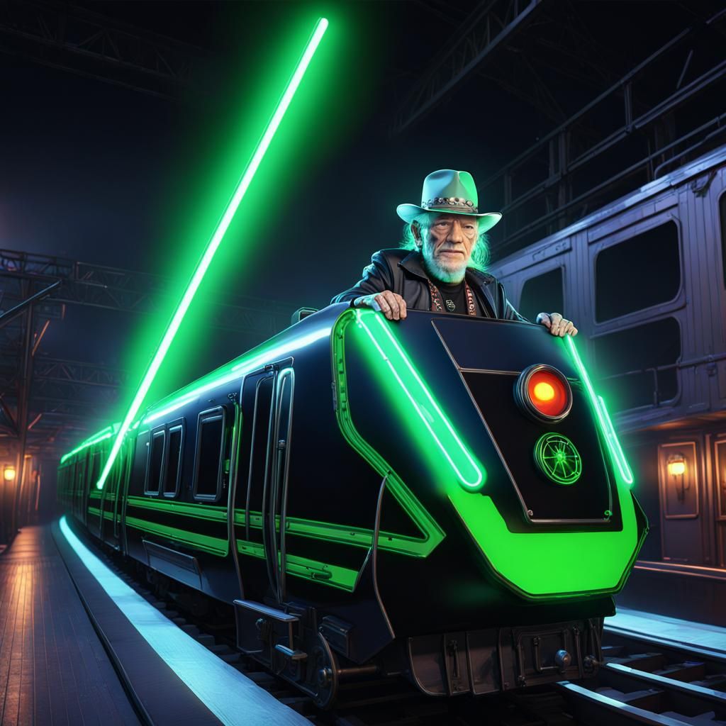 Chrome Armored Figure on Roller Coaster with Glowing Sword