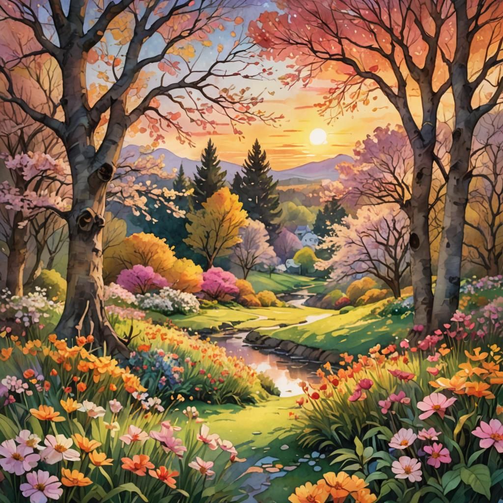 Vibrant Springscape Sunset in Digital Watercolor