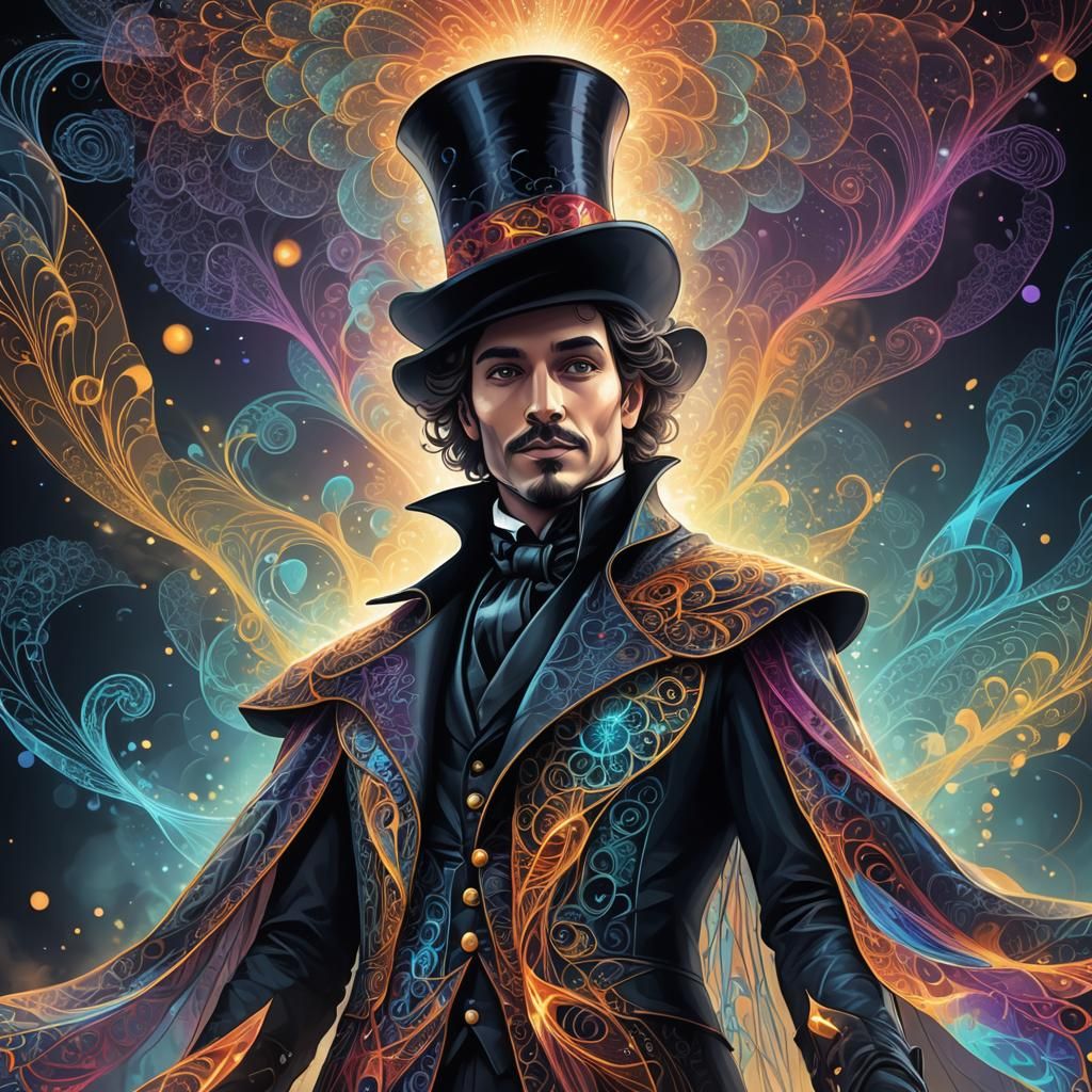 Abstract Illusionist on Stage with Magical Lights