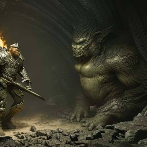 dwarf with iron armor battling a cave troll