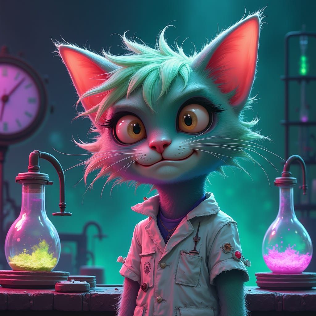 Whimsical Mad Scientist Cat in a Neon Sci-Fi Lab