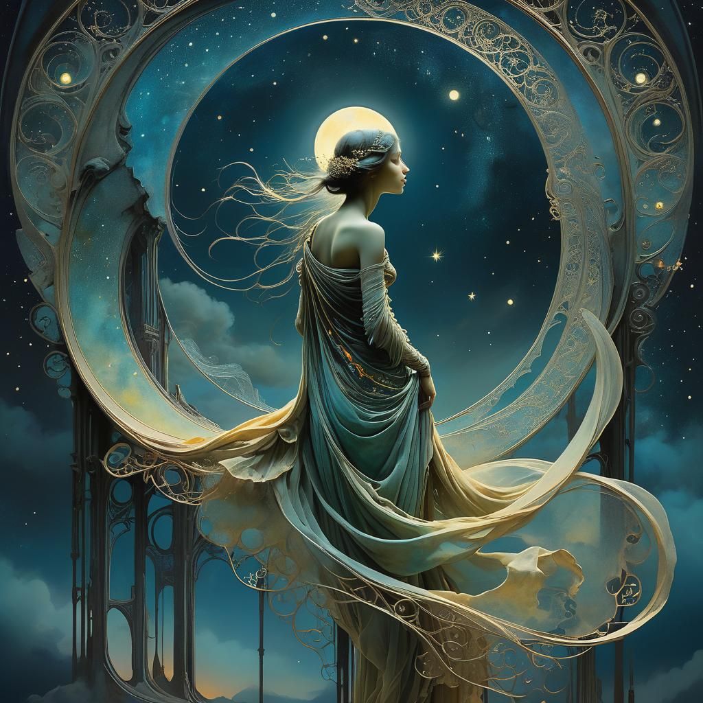 Ethereal Moonlit Sky in Art Nouveau Style