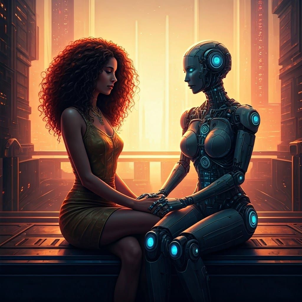 Sensual Robot and Elegant Woman in Futuristic City