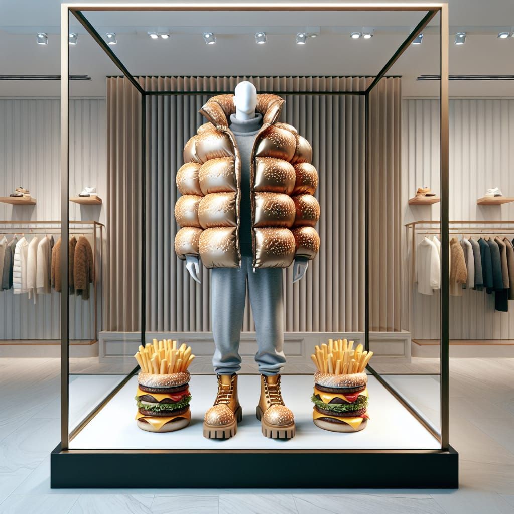 Cheeseburger Puffer Jacket in Boutique Window