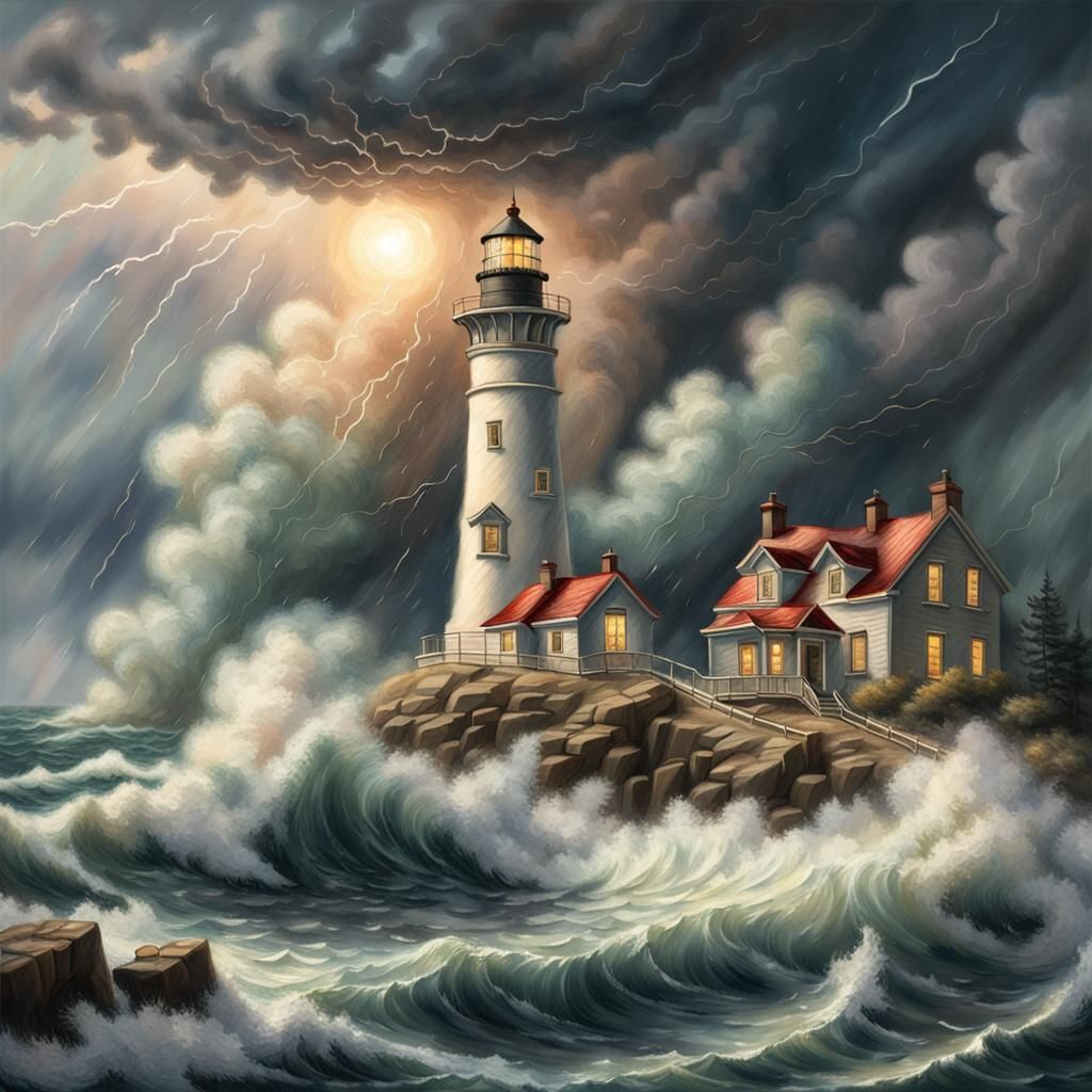 Lighthouse in Storm, Thomas Kinkade Style Digital Art