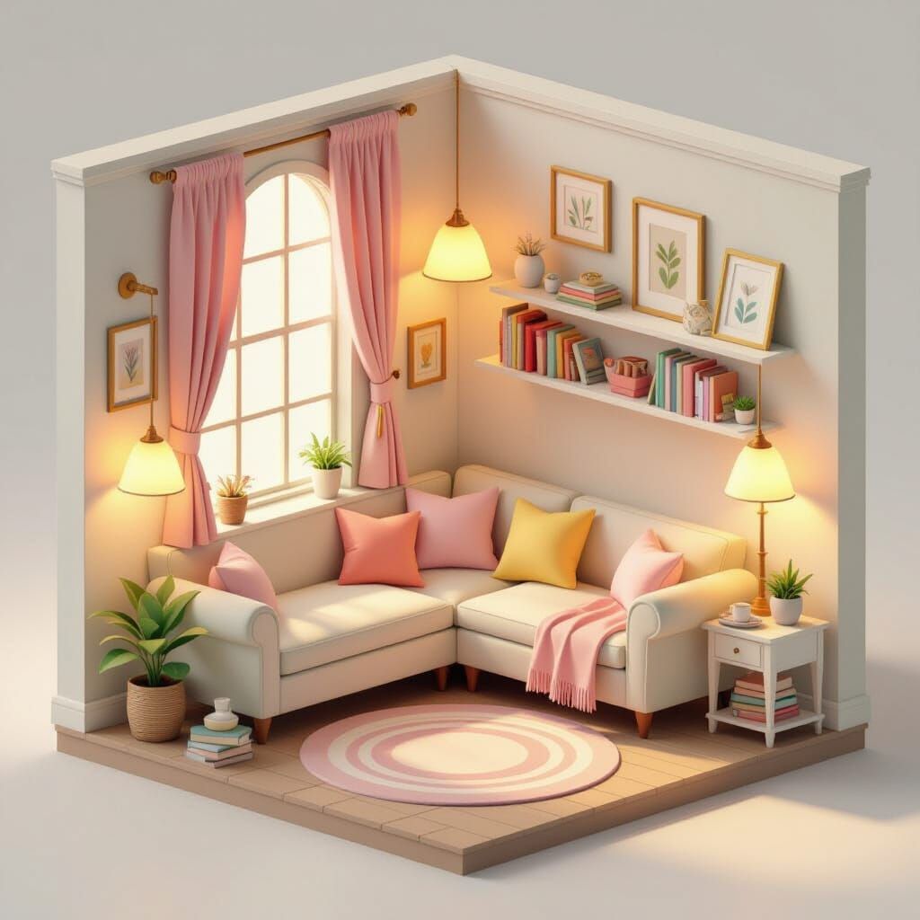 Cozy Reading Nook in Pastel Isometric View