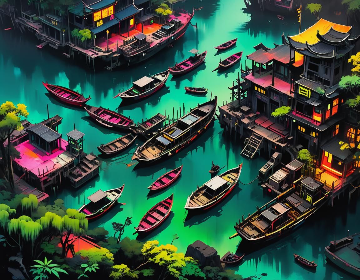 Cyberpunk Harbor Sunset in Chinese Ink Style