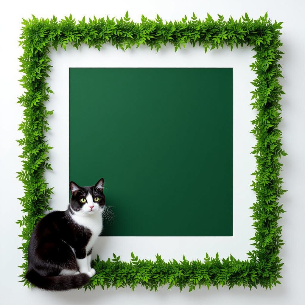 Black and White Cat in Greenery Framed Art