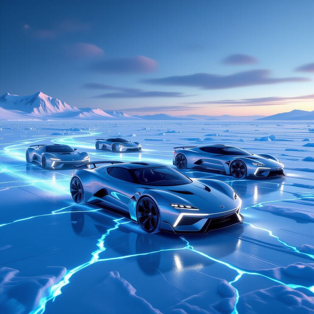 Supercars Speeding Across Frozen Ocean with Cracking Ice
