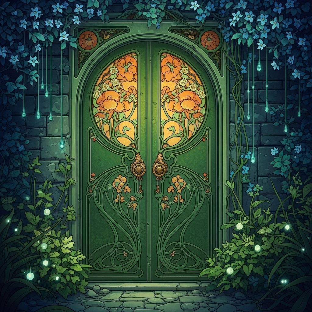 Ethereal Hidden Garden Behind Art Nouveau Door