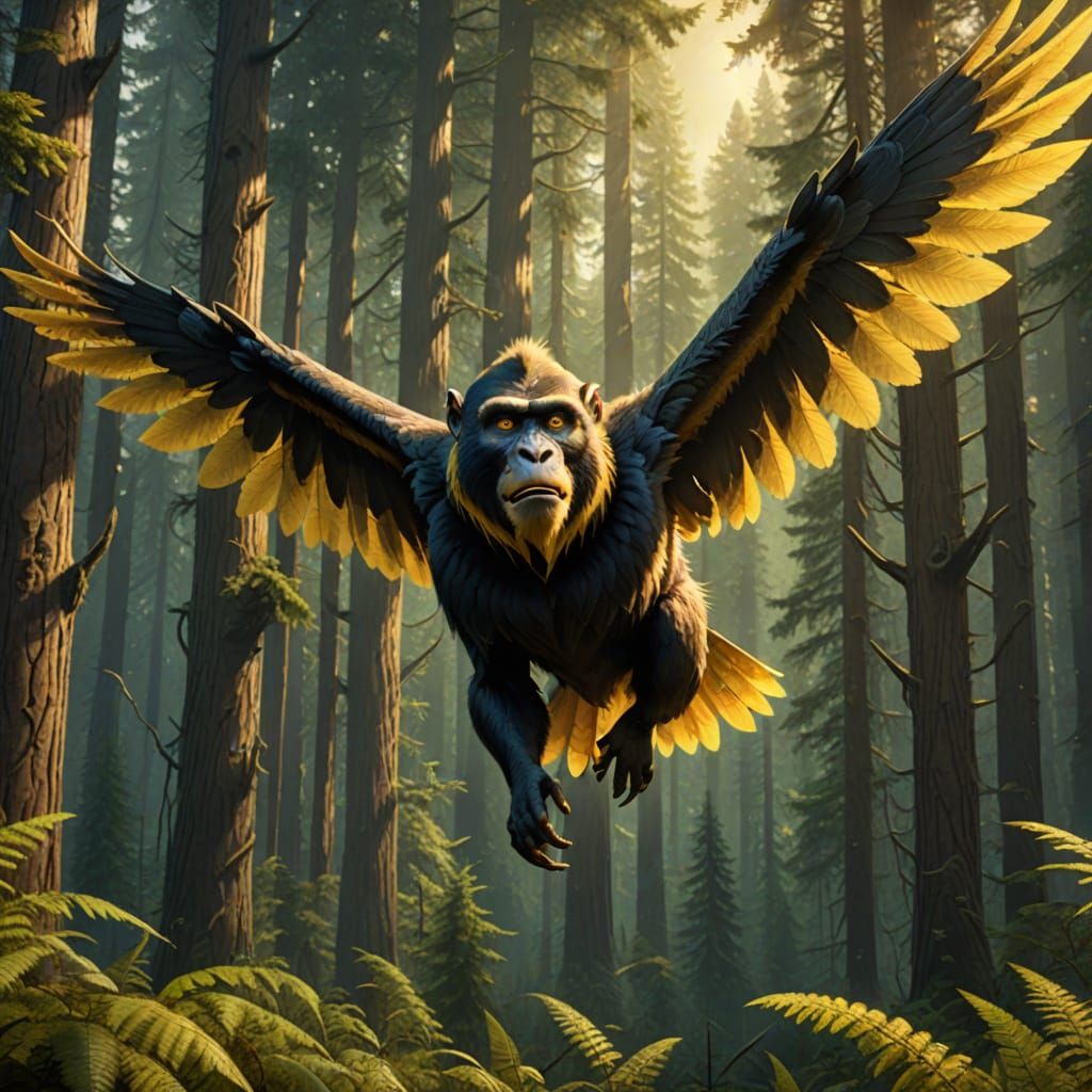 Giant Flying Primate Soaring Over Oregon Forest