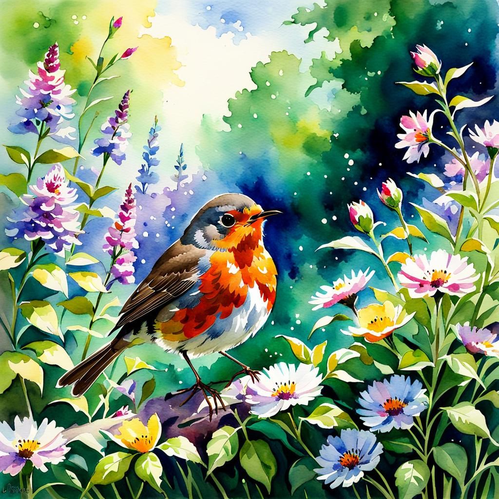 Impressionist Watercolor Robin with Flowers