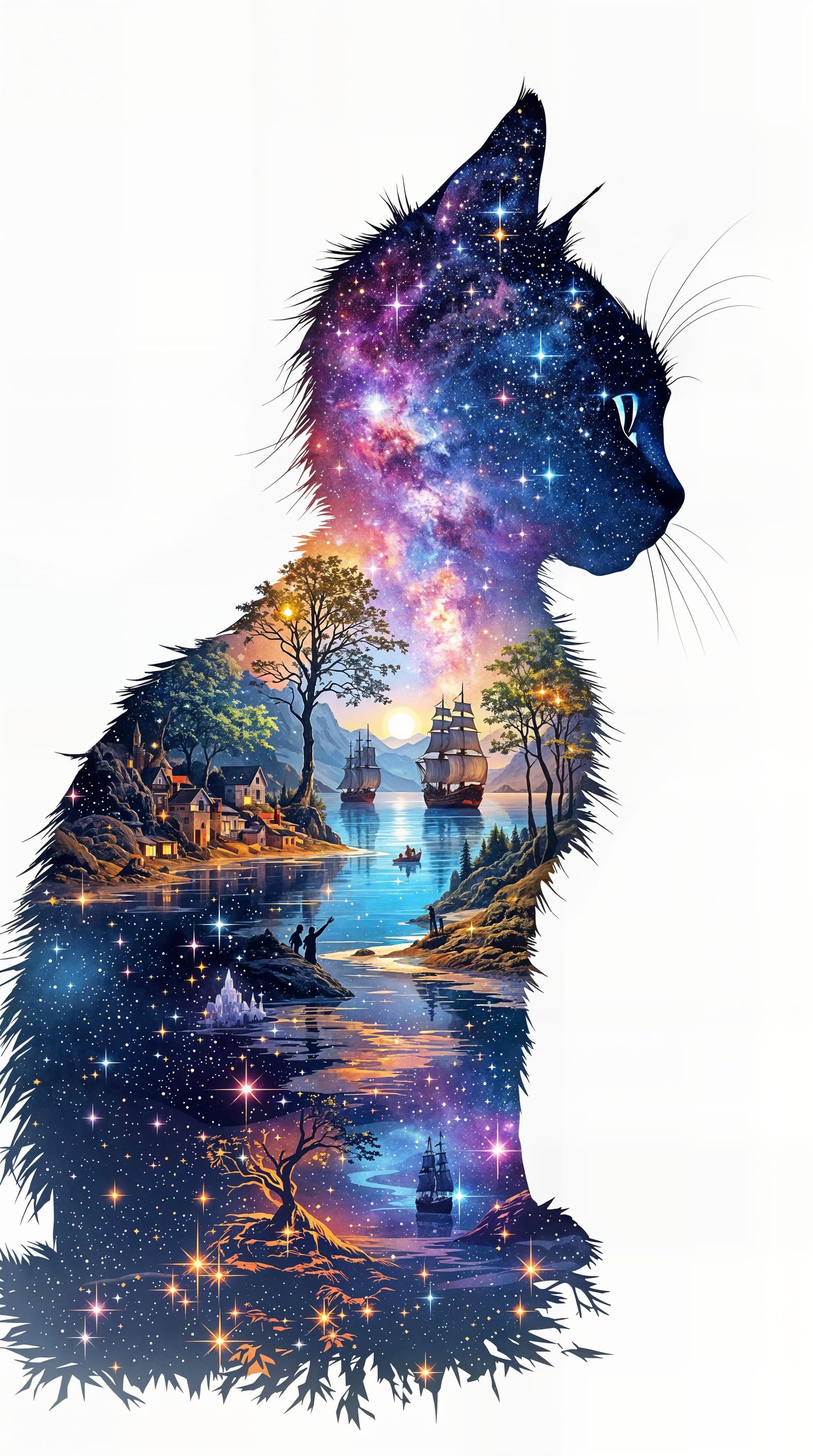 Vibrant Cosmic Kitten Odyssey in Double Exposure Art