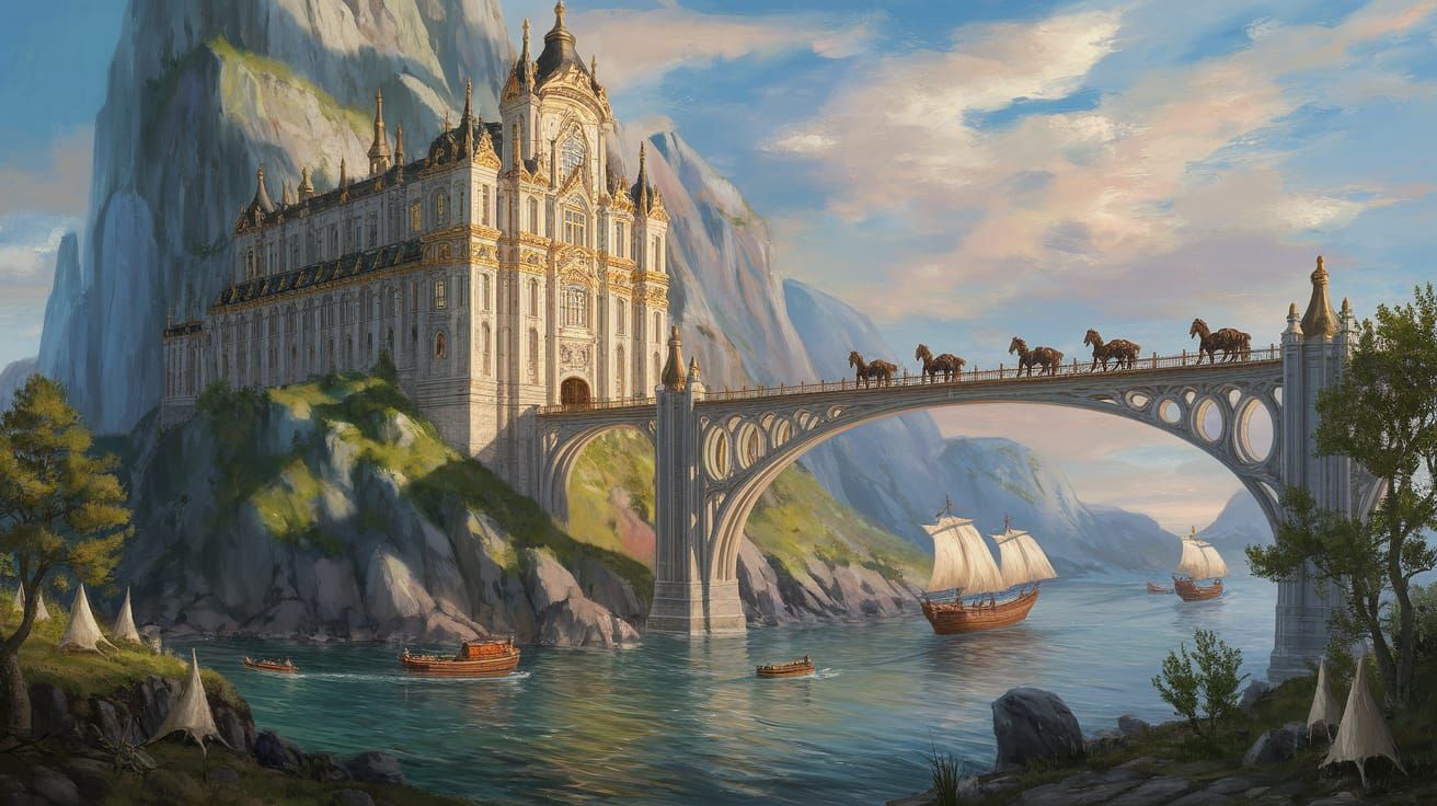 Fantasy Castle Landscape Painting with Intricate Bridge