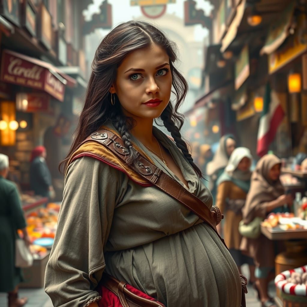 Pregnant Time Traveler in Bustling Historical Marketplace