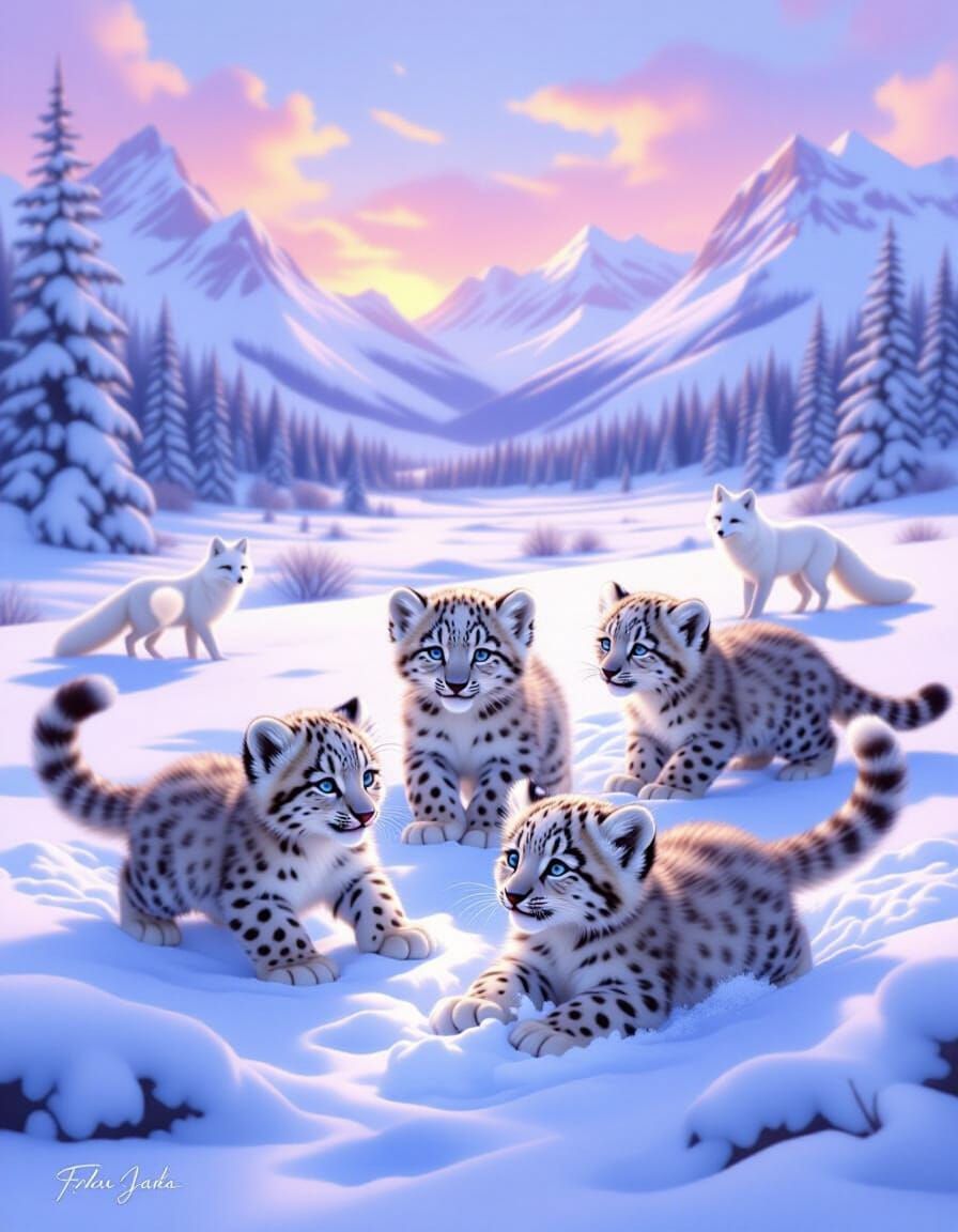 Snow Leopard Cubs Play in Arctic Sunrise