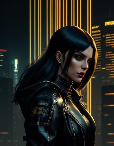 Cyberpunk Woman in Golden Bedroom with Holographic Cityscape