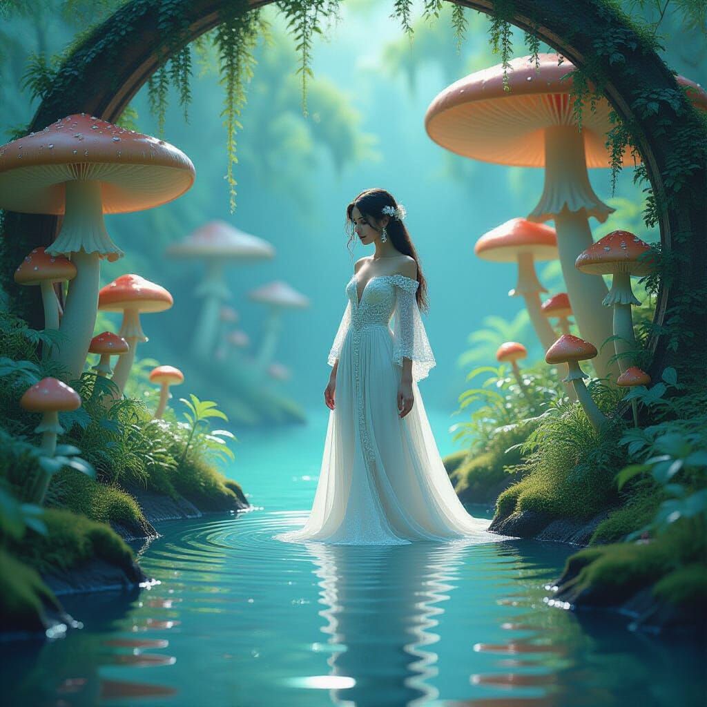 Ethereal Woman at Shimmering Portal in Dream Garden