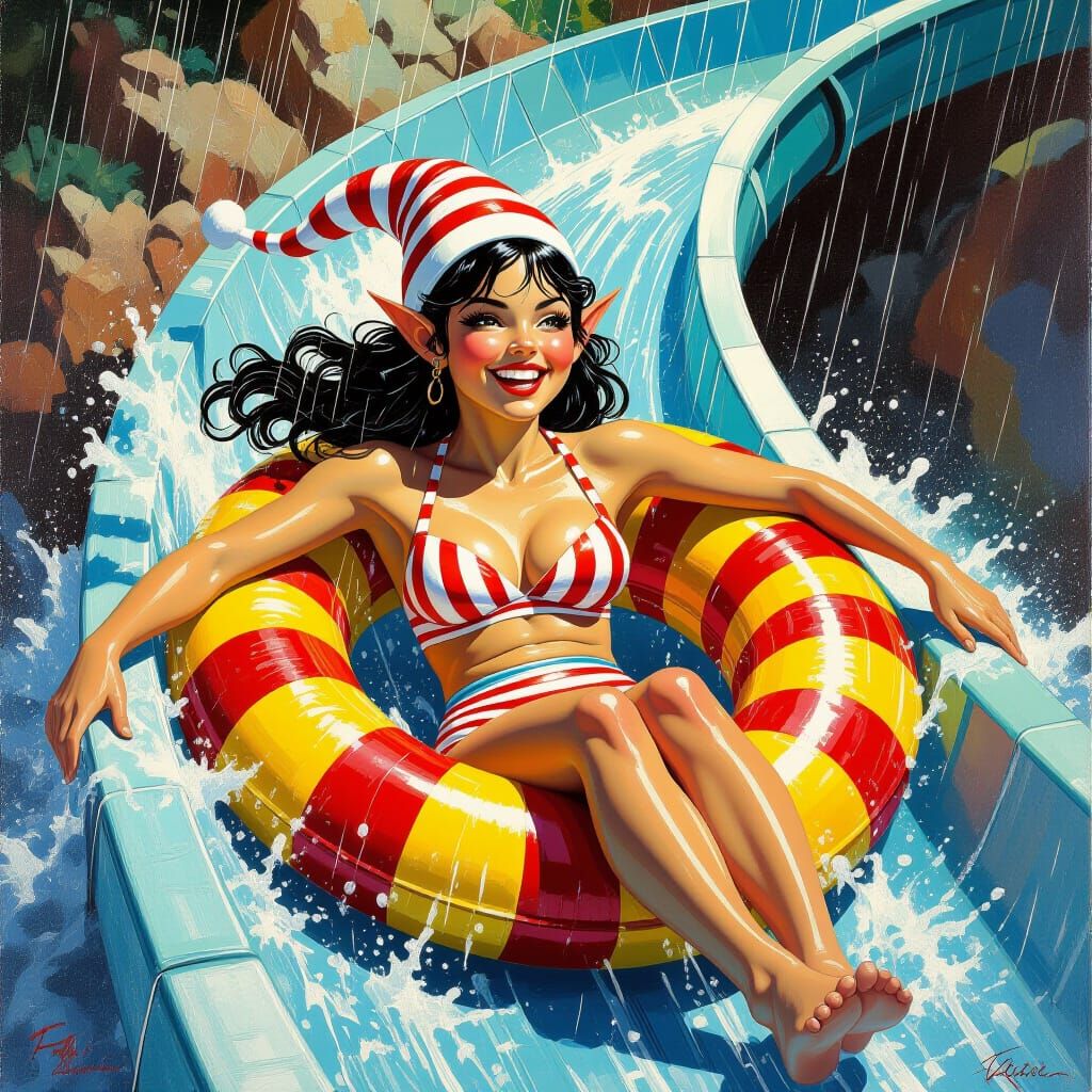 Elf Rides a Waterslide in Frazetta Style