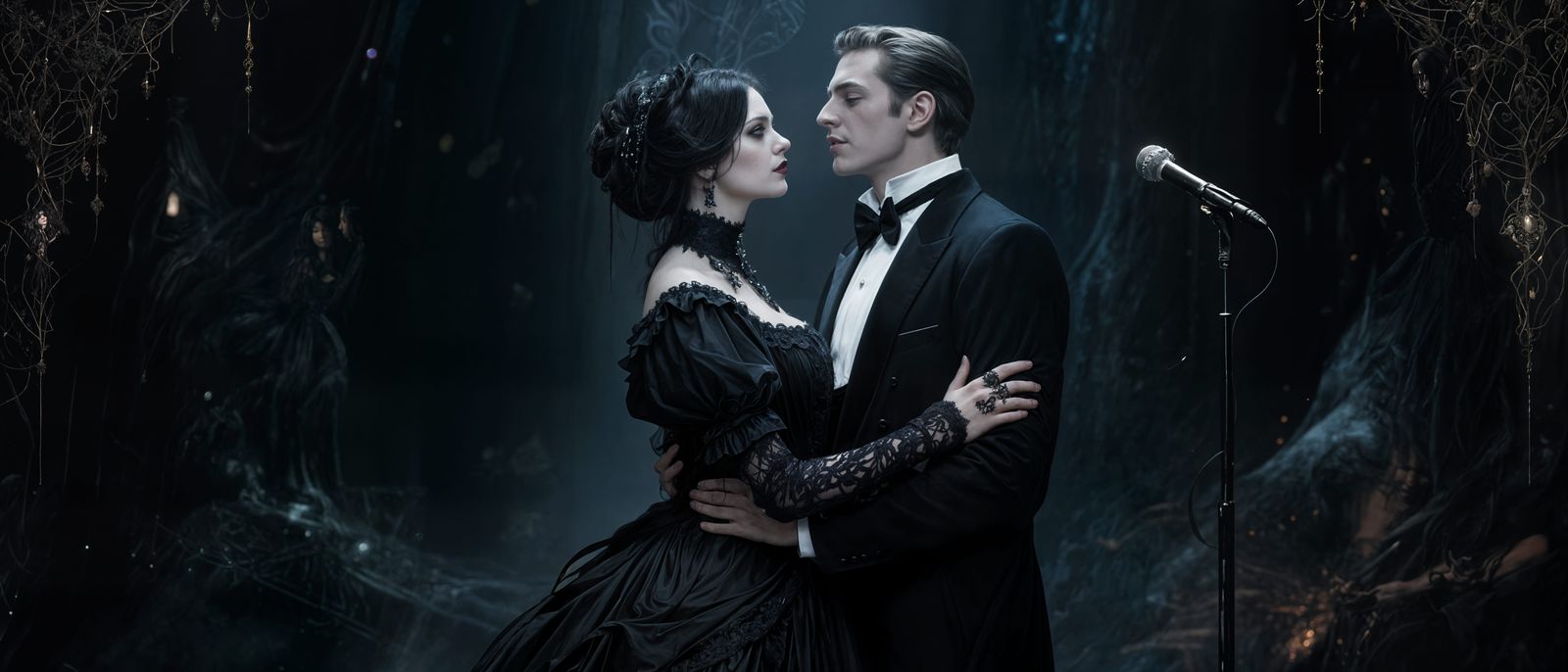 Goth Woman and Opera Singer Embrace in Mystical Setting