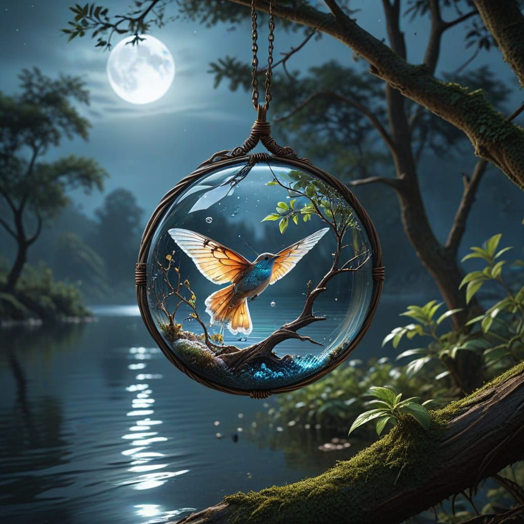 Ethereal Glass Nightingale Pendant Under Full Moonlight