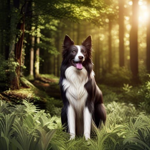 Hyperrealistic Smiling Border Collie in Detailed Forest