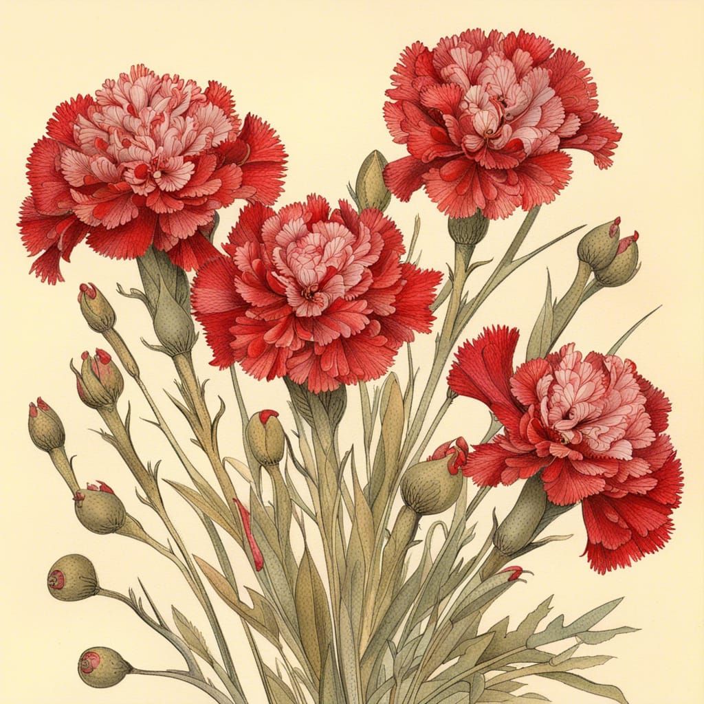 Edwardian Botanical Illustration of Red Carnations