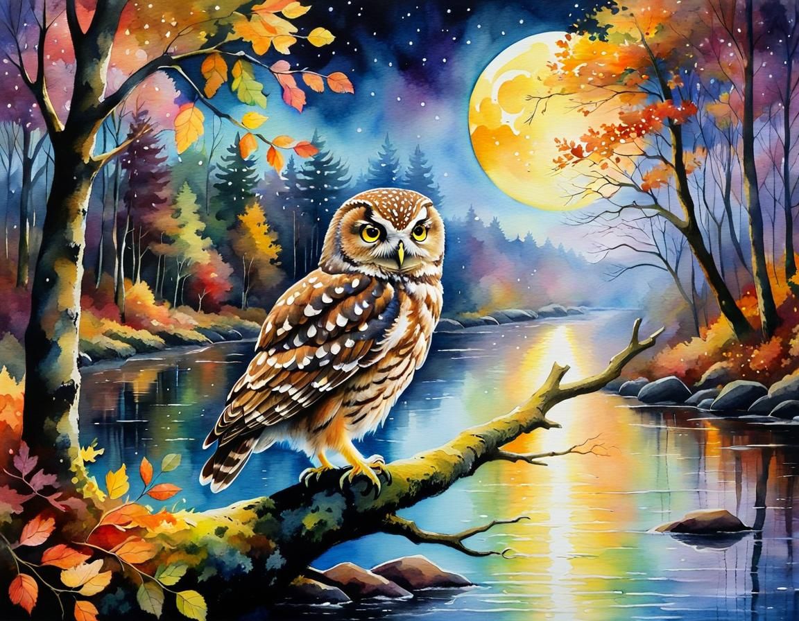 Little Owl in Autumn Woods: Aquarelle Painting