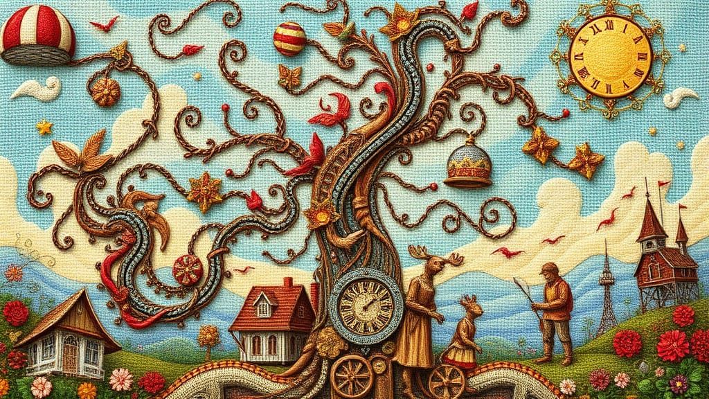 Whimsical Wire Figures in Vibrant Digital Painting Style