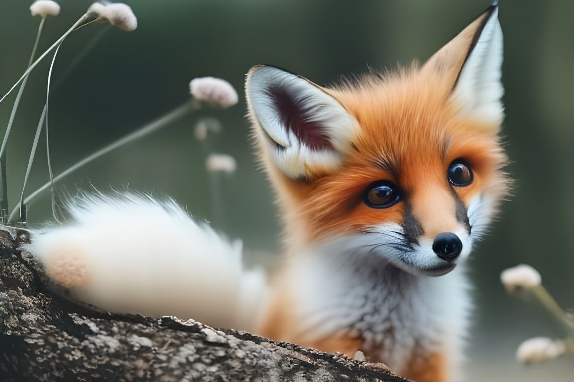 Really cute baby fox, auburn and white fur, brush stoked fur,  cute realistic eyes, cute expression, set amongst the flo...