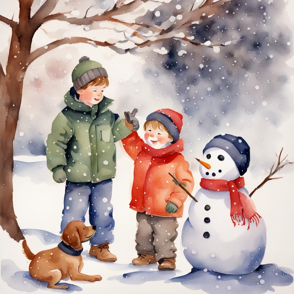 Watercolor Snow Scene: Children Building a Snowman