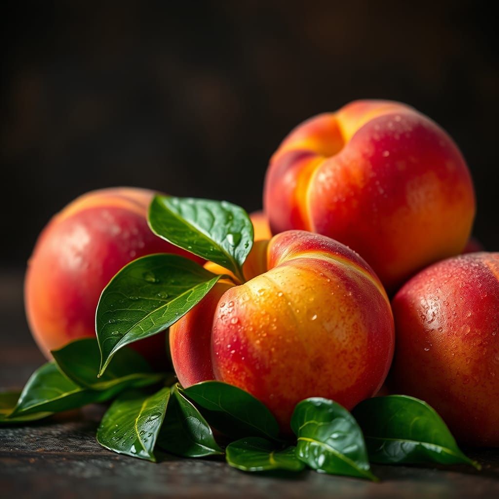 Juicy Peaches with Dewy Droplets: Hyperrealistic Still Life