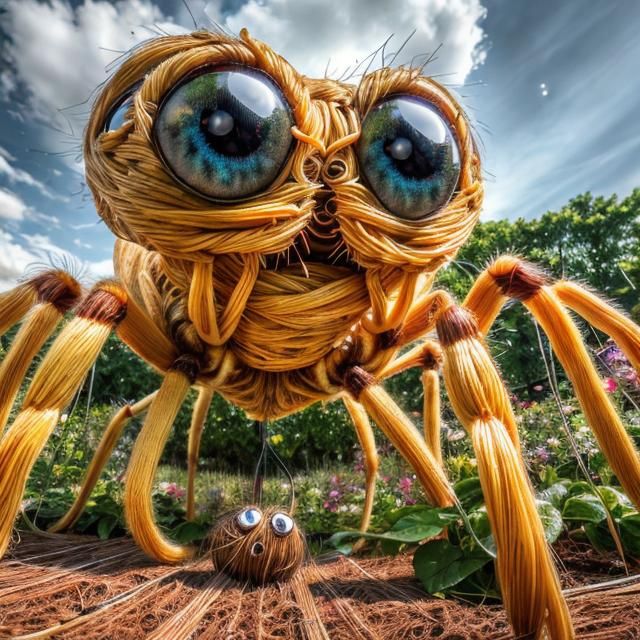 Hyperdetailed Spaghetti Spider in a Garden