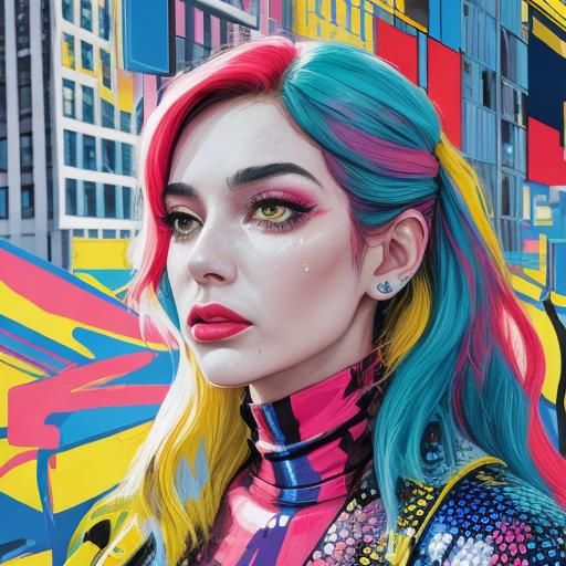 Pop Art Woman Cries at Sunrise in City