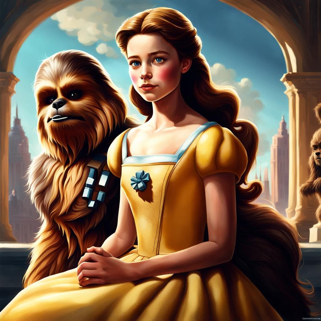 Belle and Chewbacca Portrait in Helnwein Style