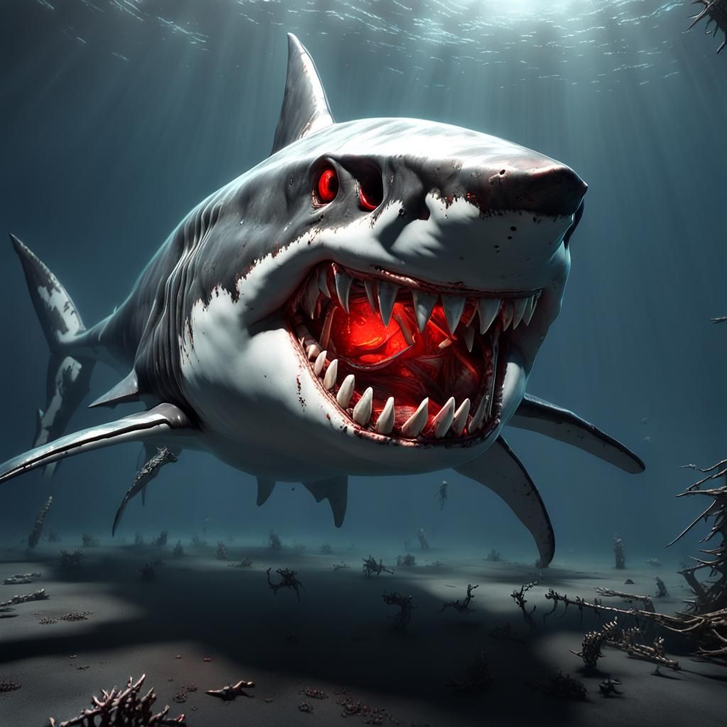 Cybernetic Shark Patrols Post-Apocalyptic Ocean Depths