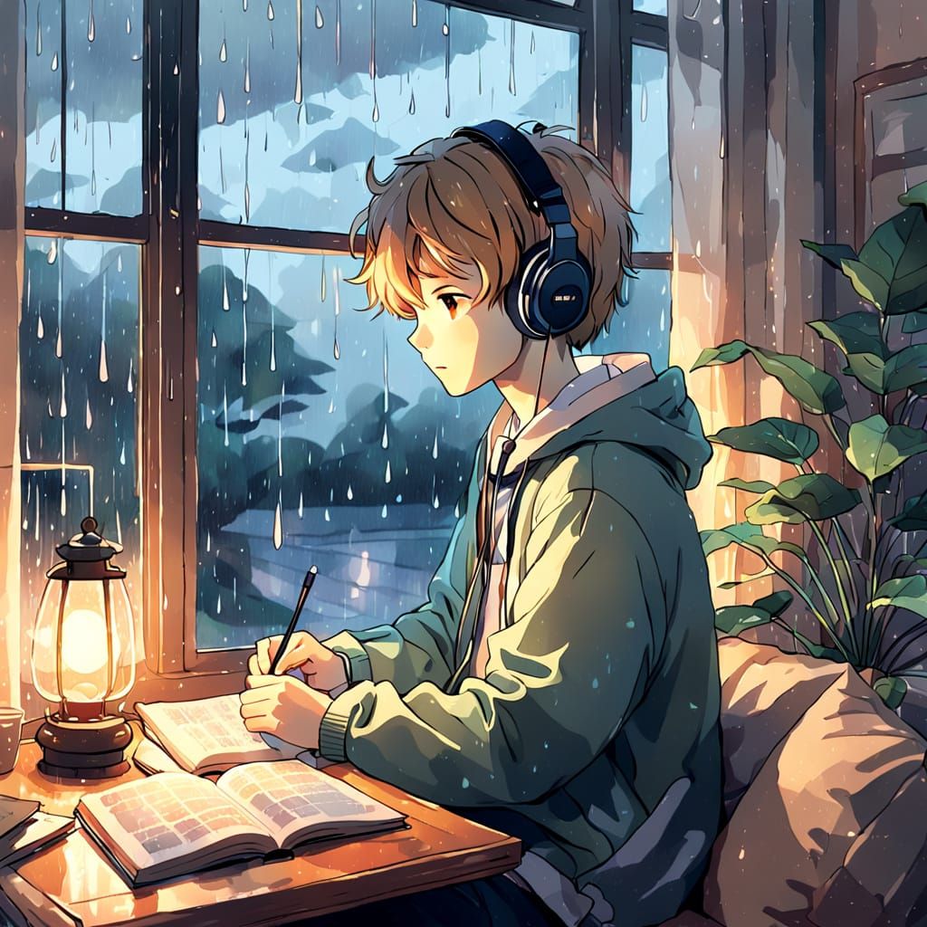 Lofi Anime Boy Studying by Rainy Window