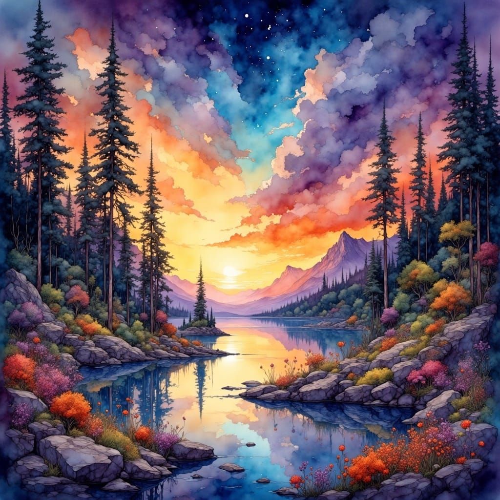 Dreamlike Twilight Scene in Hyper-Realistic Watercolor