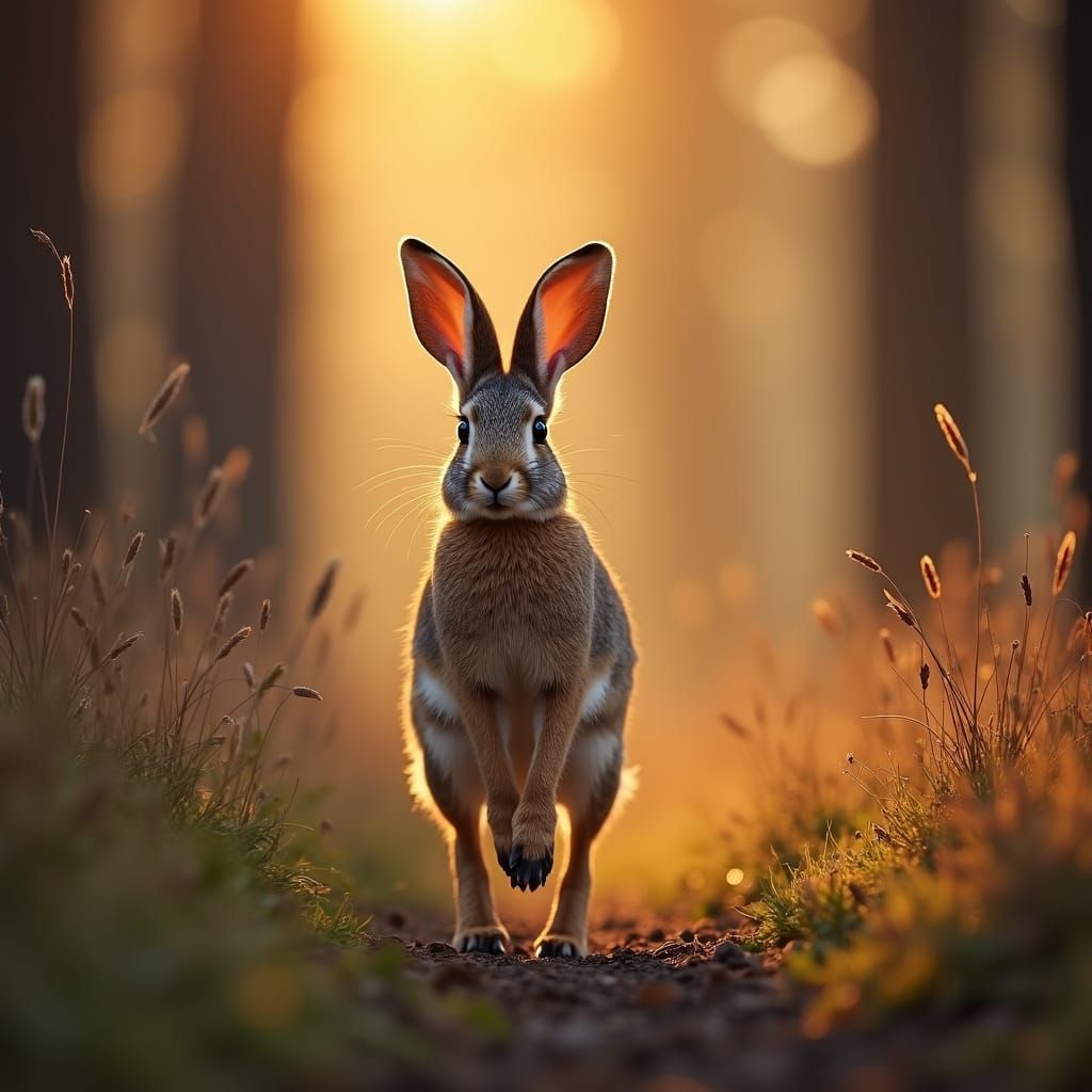 Rabbit Pursuing Fox in Forest at Sunrise