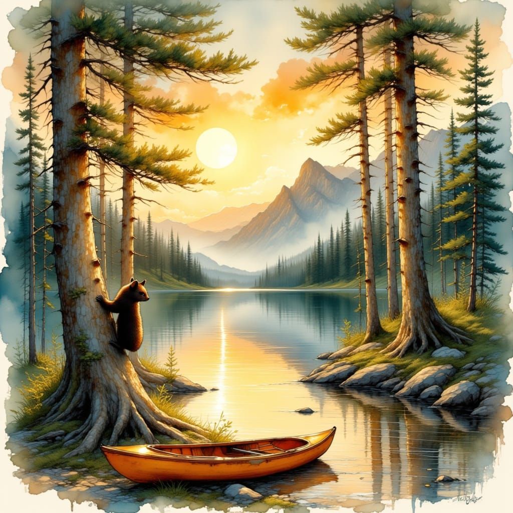 Pine Marten Ascends Pine Tree in Sunrise Woodland