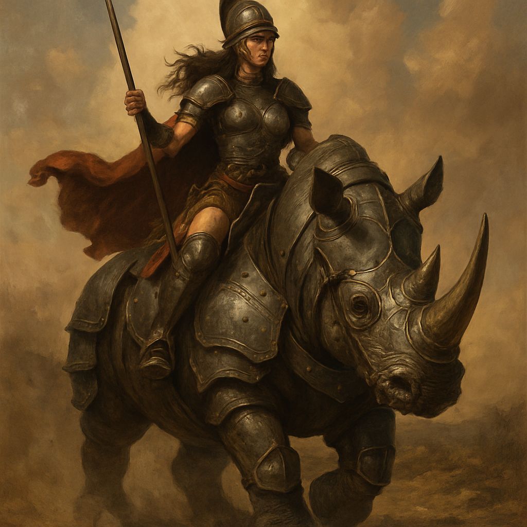 Armored Warrior Woman Rides Rhinoceros