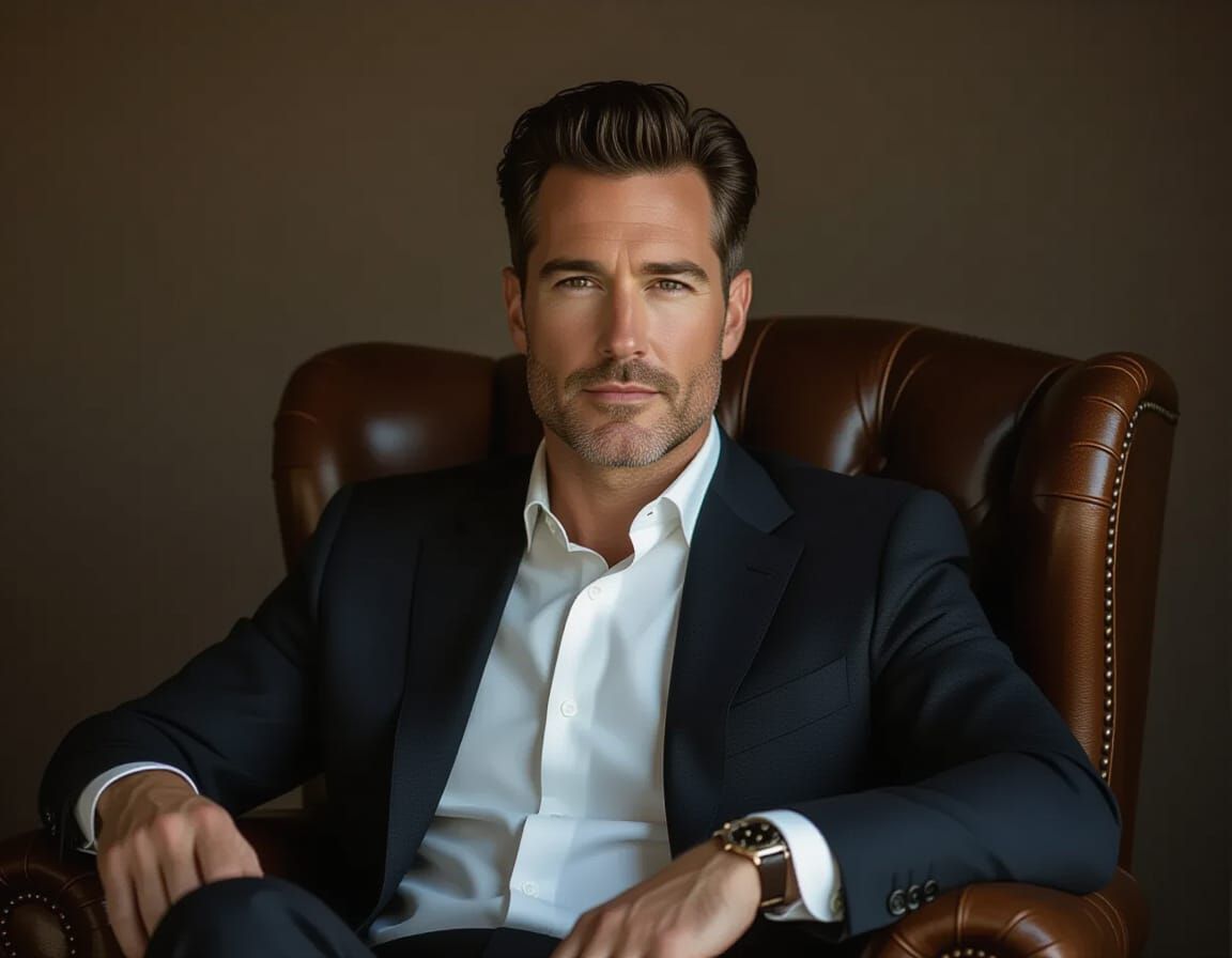Confident Man in Vintage Chair, Cinematic Studio Portrait