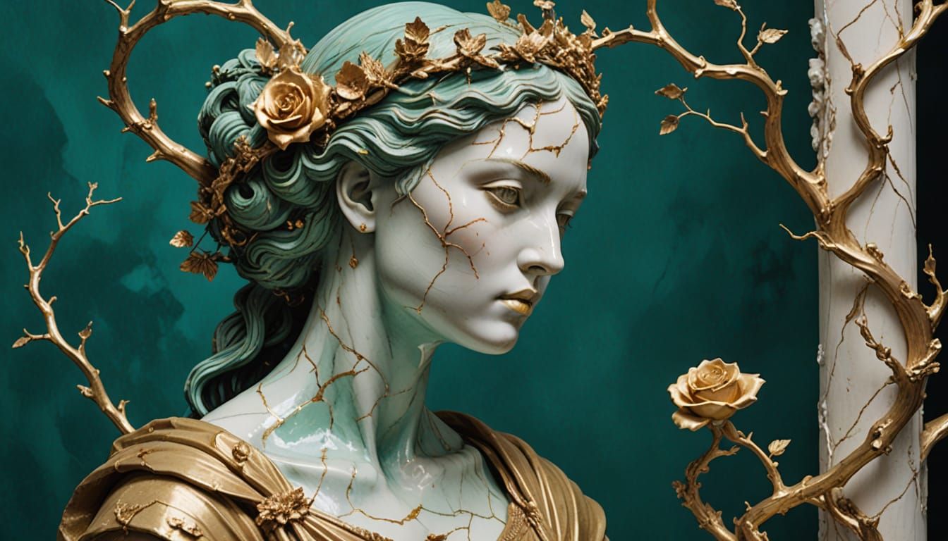 Divine yet Fractured Galatea in Vibrant Surrealist Style