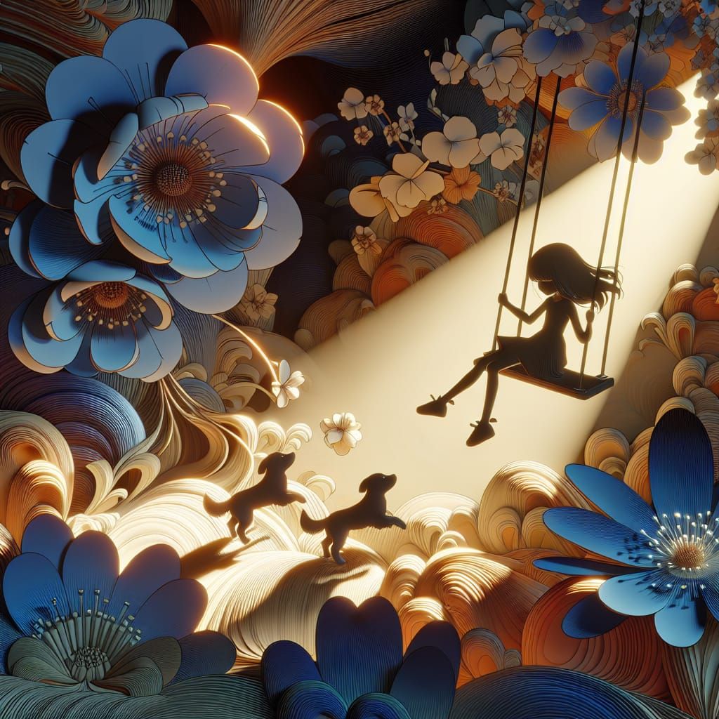 Girl on Swing in Ethereal Japanese Woodblock Style