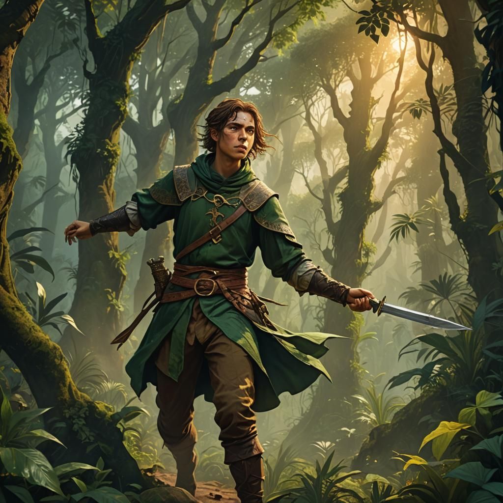 Non-Binary Rogue Sneaking Through Jungle, Fantasy Art
