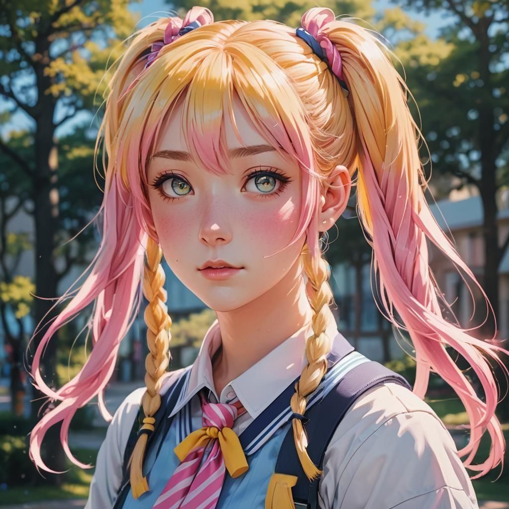Anime Schoolgirl with Yellow Pigtails in 3D