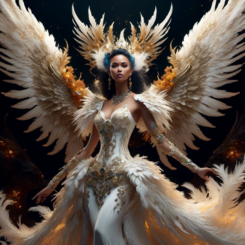 Gothic Winged Lady in Cream Feathered Dress
