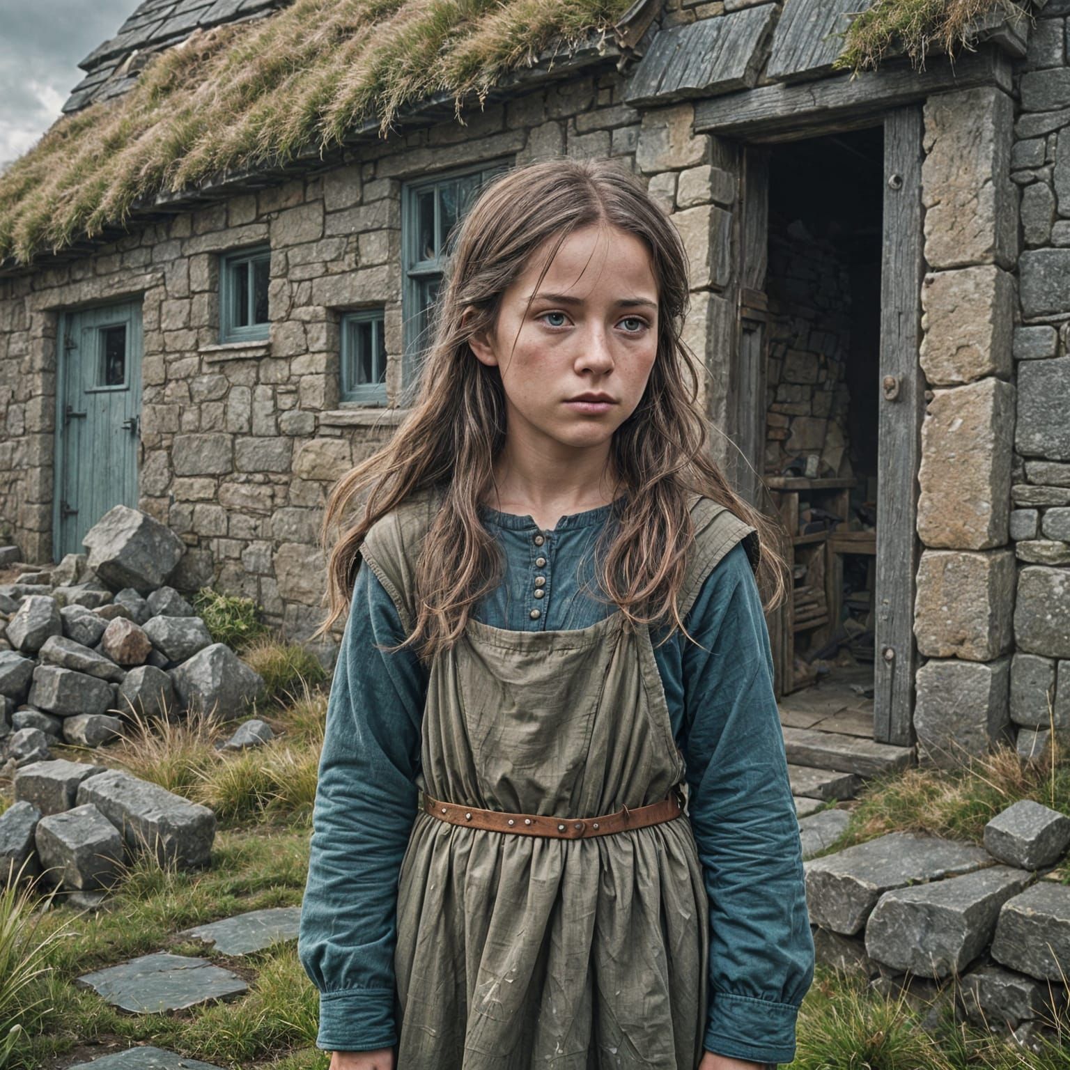 Sad Medieval Girl in Eerie Fantasy Landscape